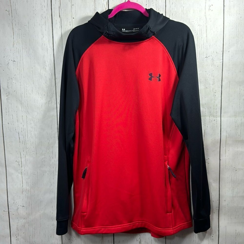 Under Armour Coldgear Fitted Mens Hooded Pullover Red Black Athletic Sweatshirt
